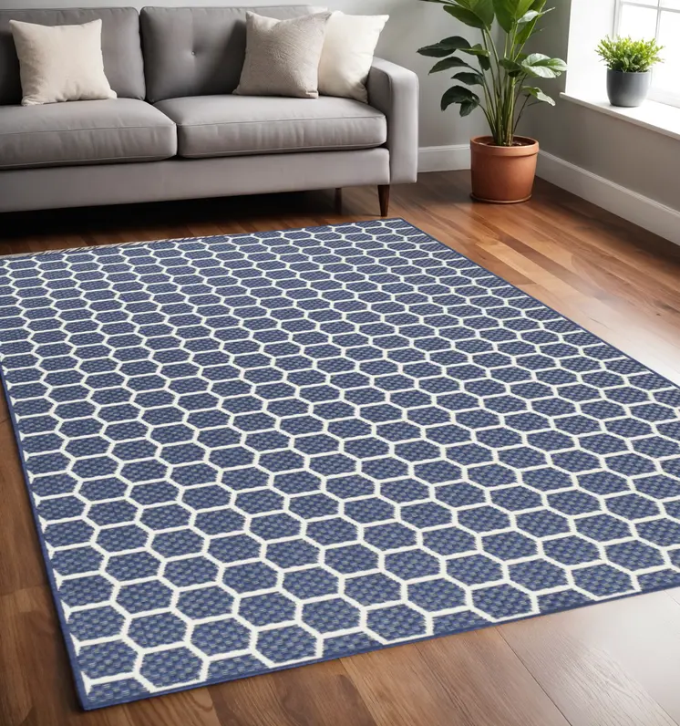 5' X 7' Navy Blue And Ivory Geometric Indoor Outdoor Area Rug