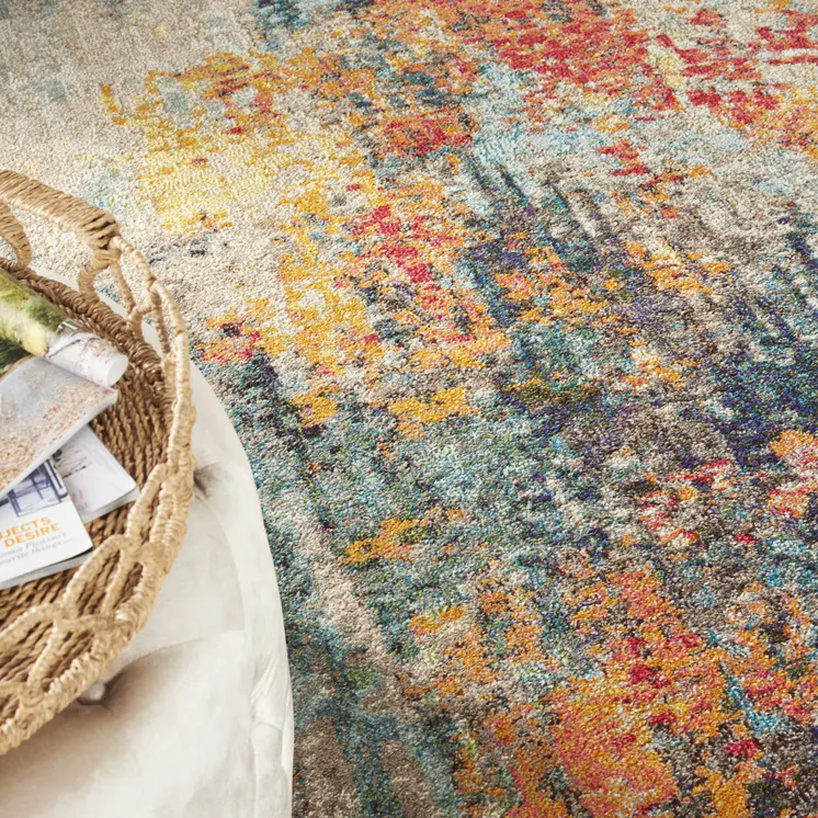 9' X 12' Navy Blue Red and Orange Abstract Non Skid Area Rug