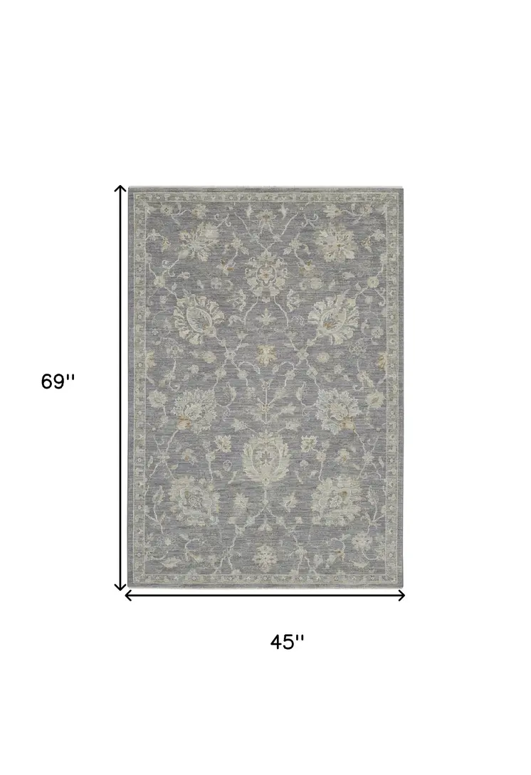 4' X 6' Gray And Charcoal Floral Area Rug