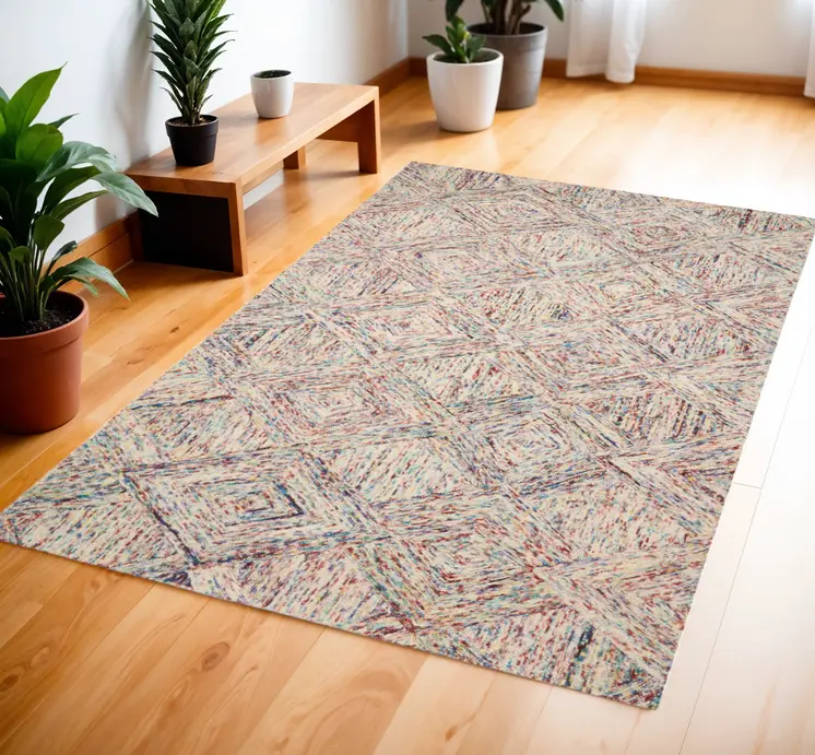 4' X 6' Ivory Red and Blue Wool Geometric Area Rug