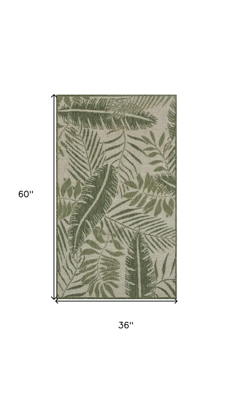 3' X 5' Green And Ivory Palm Leaf Indoor Outdoor Area Rug