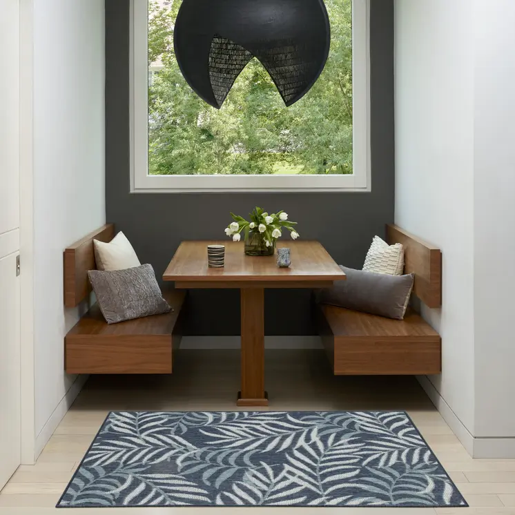 3' X 5' Navy Blue And Ivory Palm Leaf Indoor Outdoor Area Rug