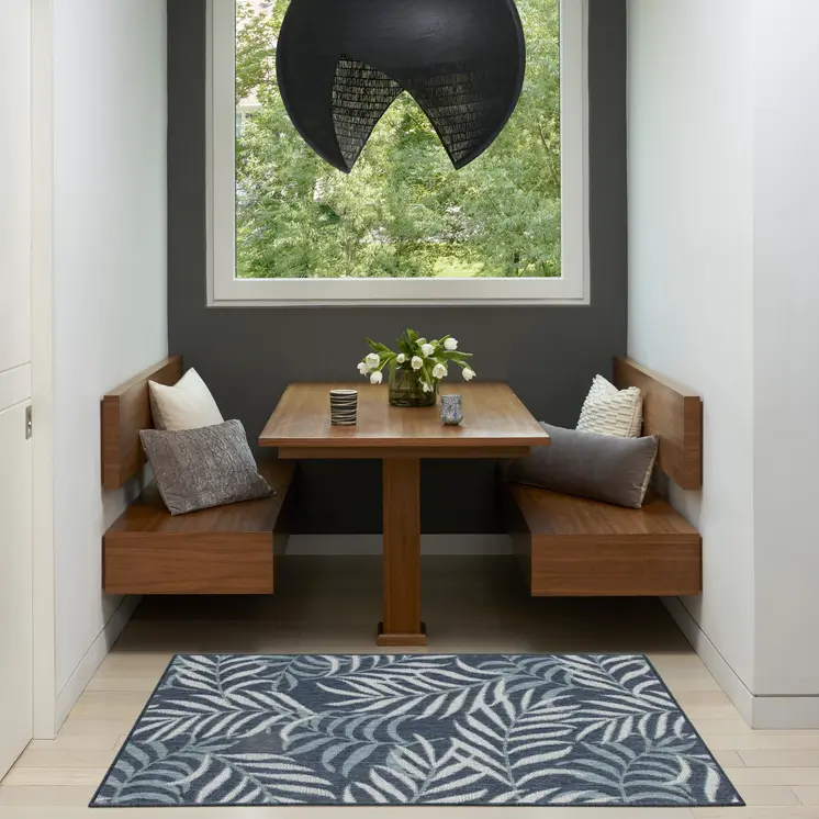 3' X 5' Navy Blue And Ivory Palm Leaf Indoor Outdoor Area Rug