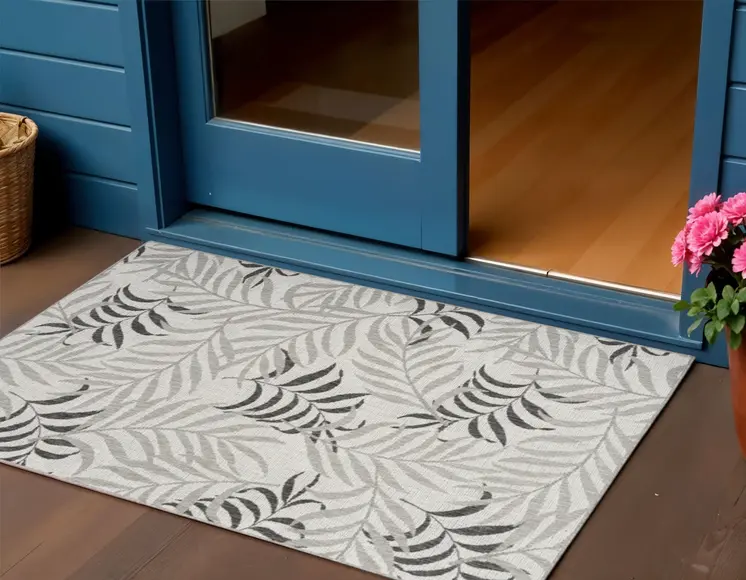 3' X 5' Gray Black And Ivory Palm Leaf Indoor Outdoor Area Rug
