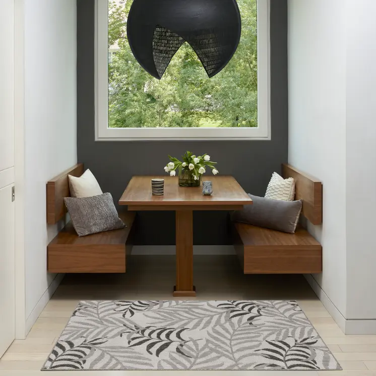 3' X 5' Gray Black And Ivory Palm Leaf Indoor Outdoor Area Rug