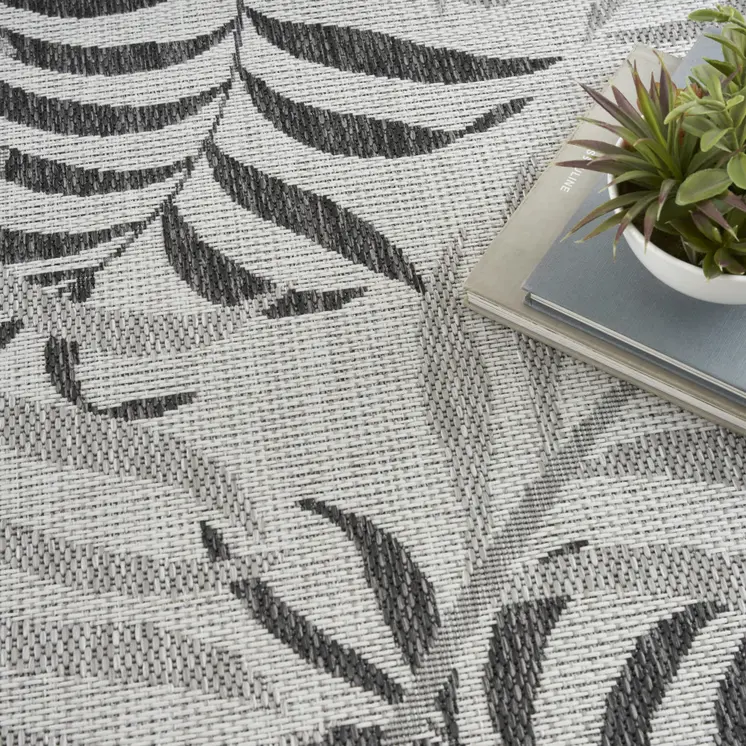 3' X 5' Gray Black And Ivory Palm Leaf Indoor Outdoor Area Rug