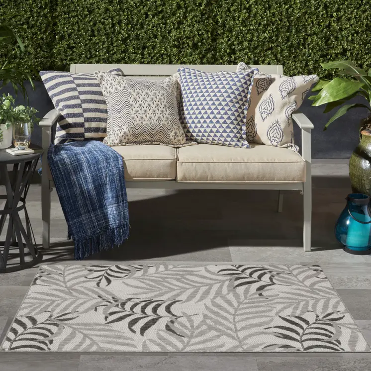 3' X 5' Gray Black And Ivory Palm Leaf Indoor Outdoor Area Rug