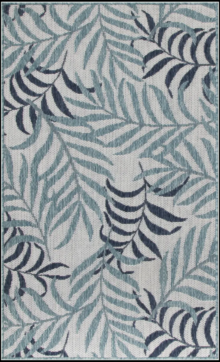 3' X 5' Blue Ivory And Navy Blue Palm Leaf Indoor Outdoor Area Rug