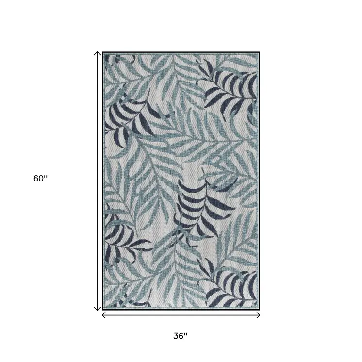 3' X 5' Blue Ivory And Navy Blue Palm Leaf Indoor Outdoor Area Rug