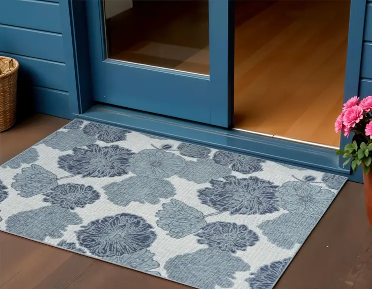 3' X 5' Blue Ivory And Navy Blue Palm Leaf Indoor Outdoor Area Rug