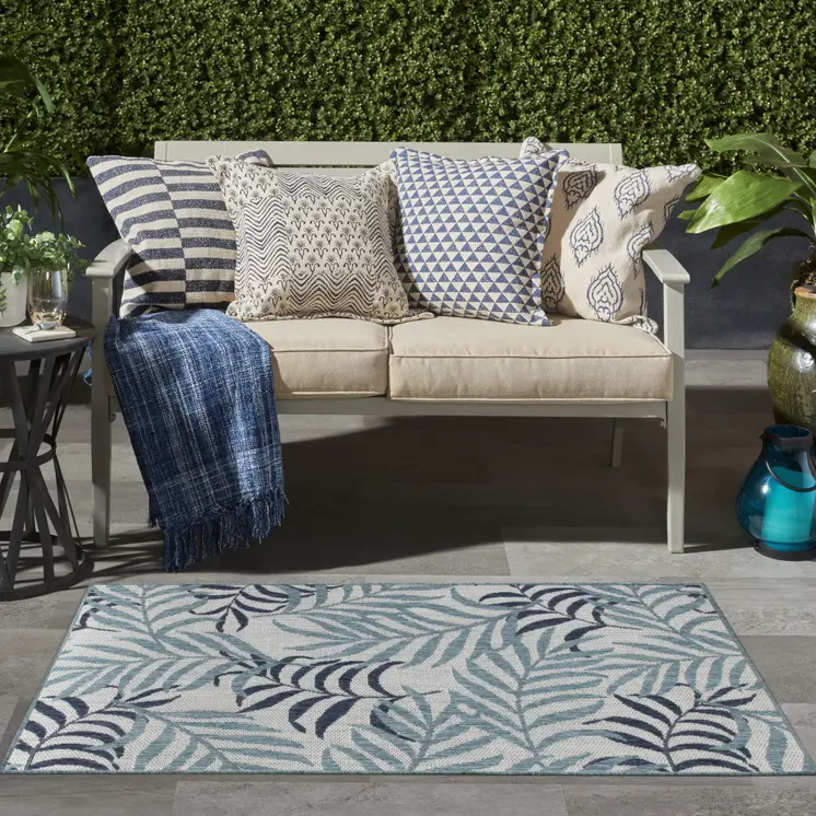 3' X 5' Blue Ivory And Navy Blue Palm Leaf Indoor Outdoor Area Rug