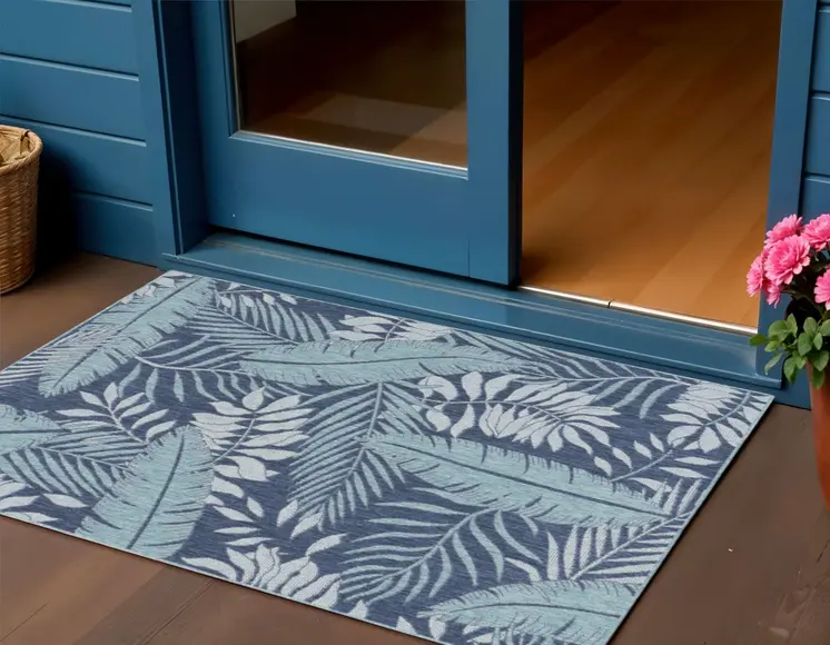 3' X 5' Navy Blue And Ivory Palm Leaf Indoor Outdoor Area Rug