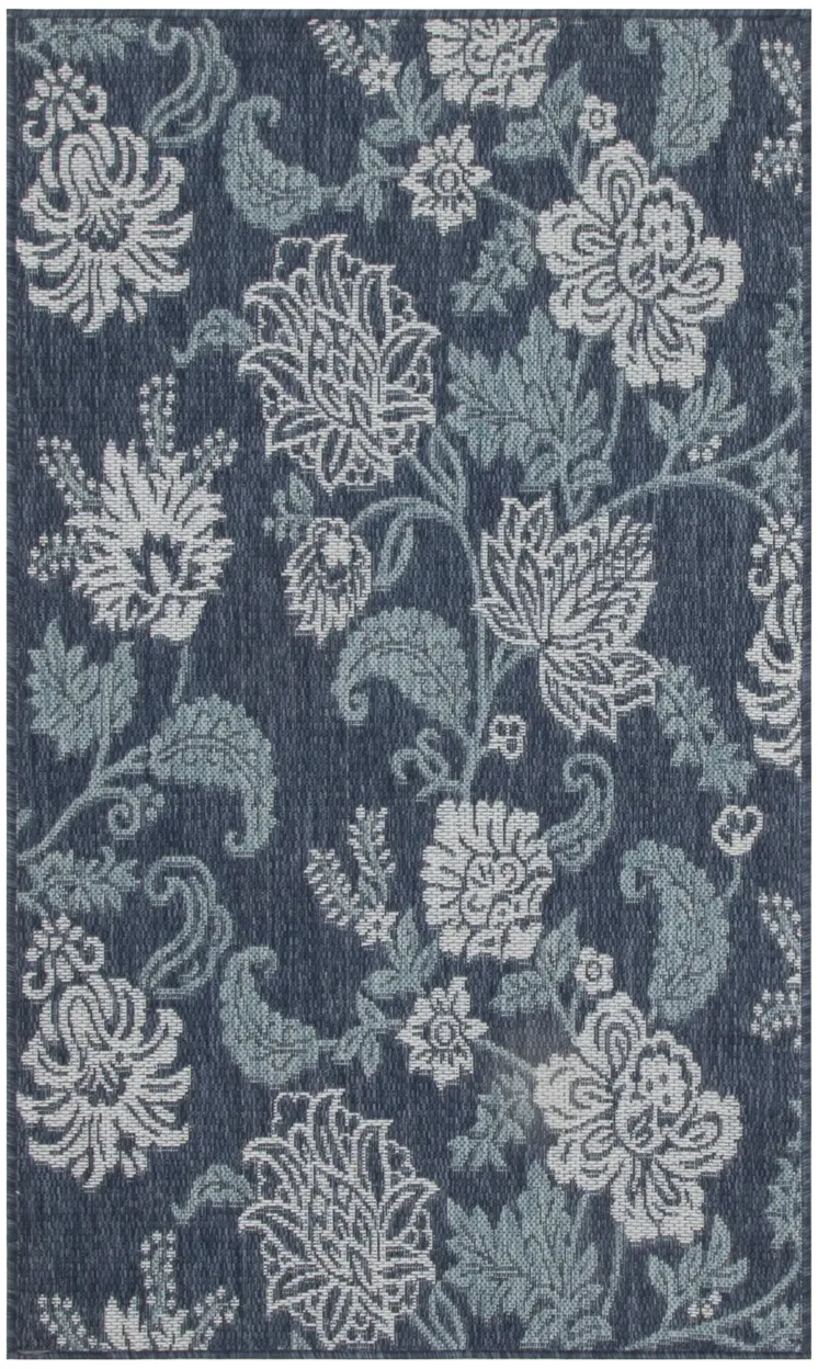 3' X 5' Navy Blue And Ivory Floral Indoor Outdoor Area Rug