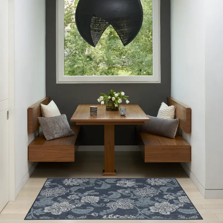 3' X 5' Navy Blue And Ivory Floral Indoor Outdoor Area Rug