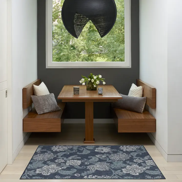 3' X 5' Navy Blue And Ivory Floral Indoor Outdoor Area Rug