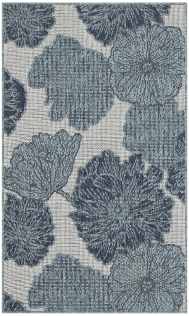 3' X 5' Navy Blue Ivory And Blue Floral Indoor Outdoor Area Rug