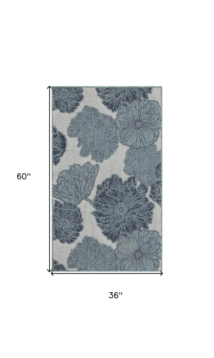 3' X 5' Navy Blue Ivory And Blue Floral Indoor Outdoor Area Rug