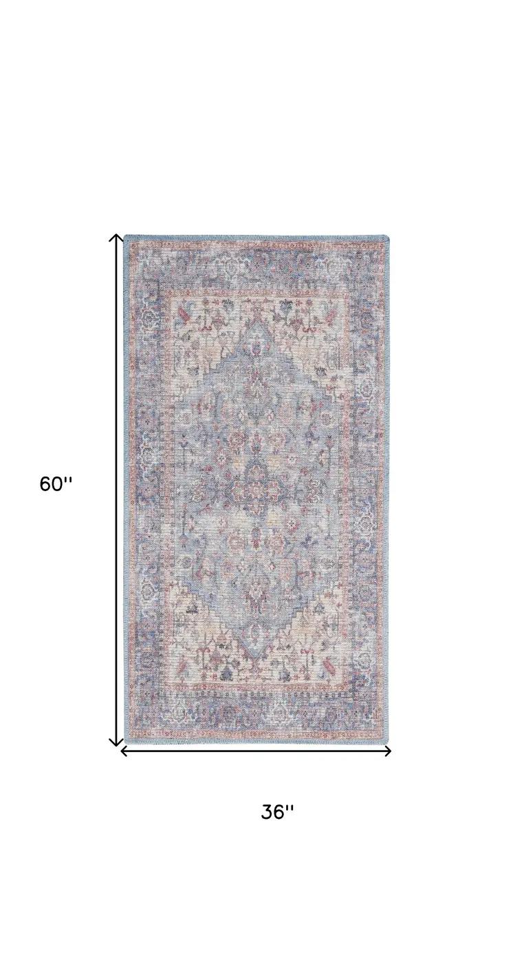 3' X 5' Blue Floral Power Loom Distressed Area Rug