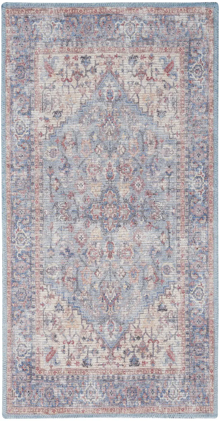 3' X 5' Blue Floral Power Loom Distressed Area Rug