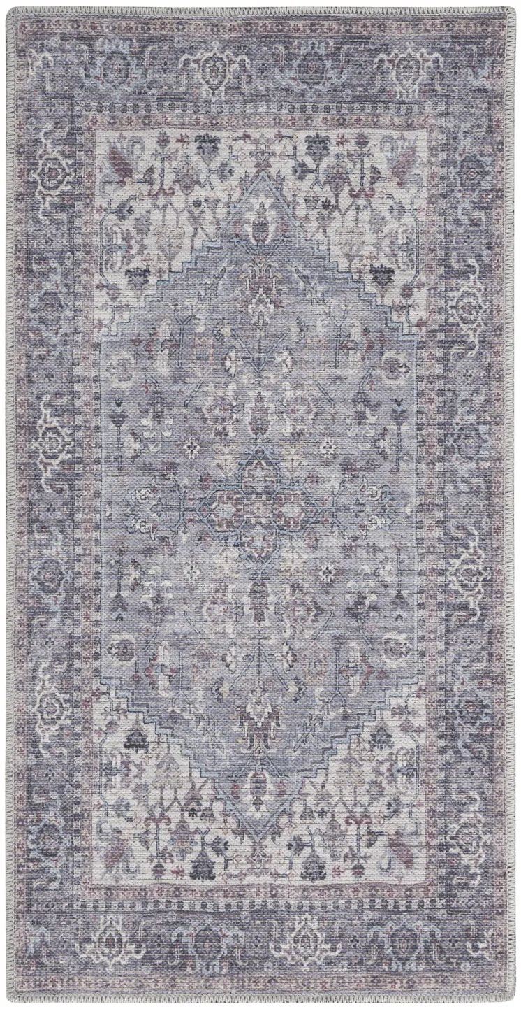 3' X 5' Blue and Beige Floral Power Loom Distressed Area Rug