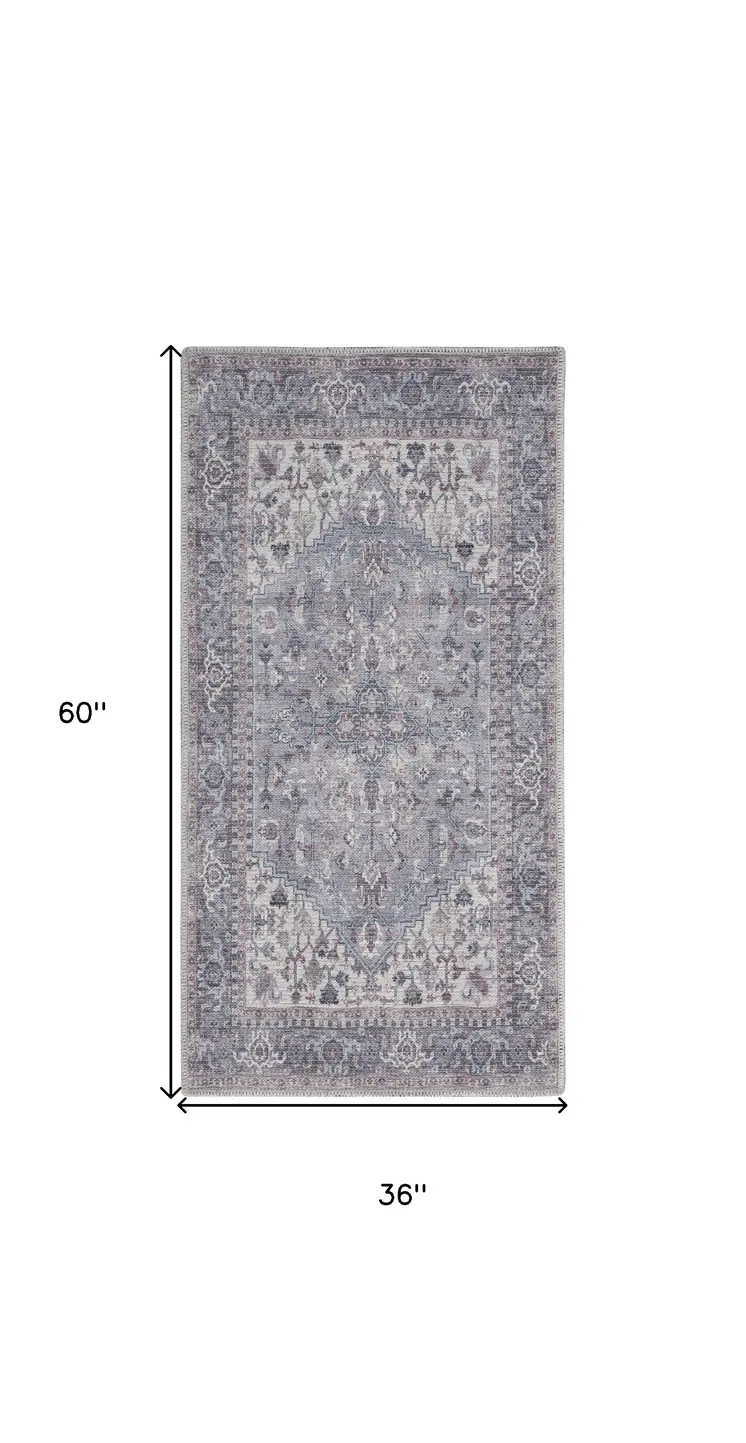 3' X 5' Blue and Beige Floral Power Loom Distressed Area Rug
