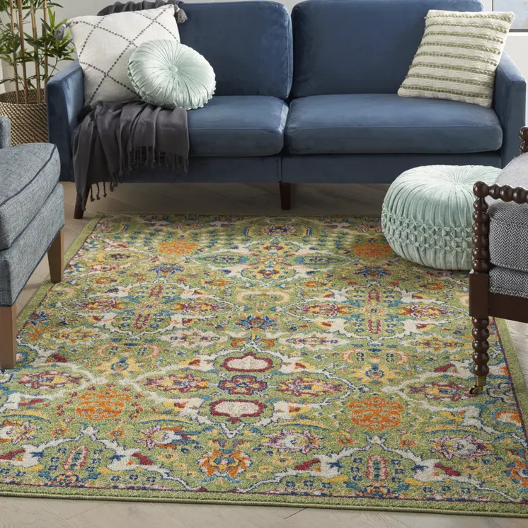3' X 5' Green and Ivory Floral Power Loom Area Rug