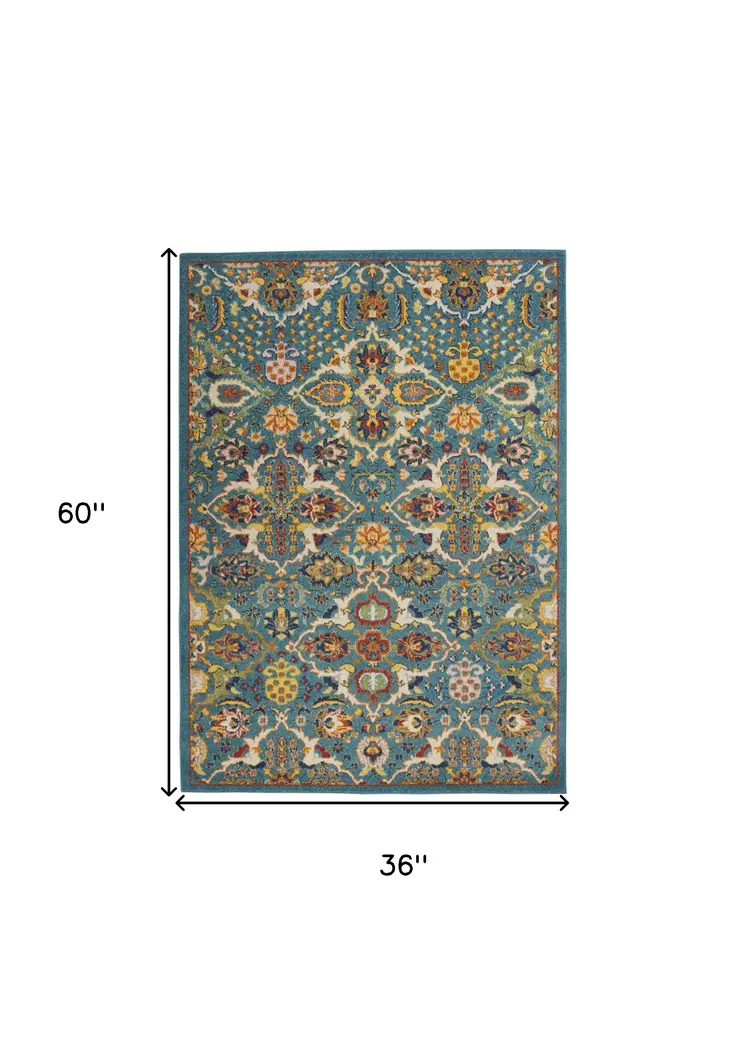3' X 5' Blue and Ivory Floral Power Loom Area Rug