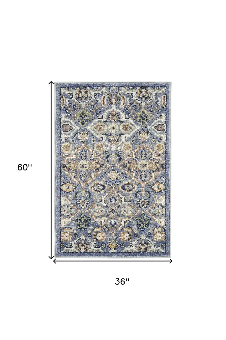 3' X 5' Blue and Ivory Floral Power Loom Area Rug