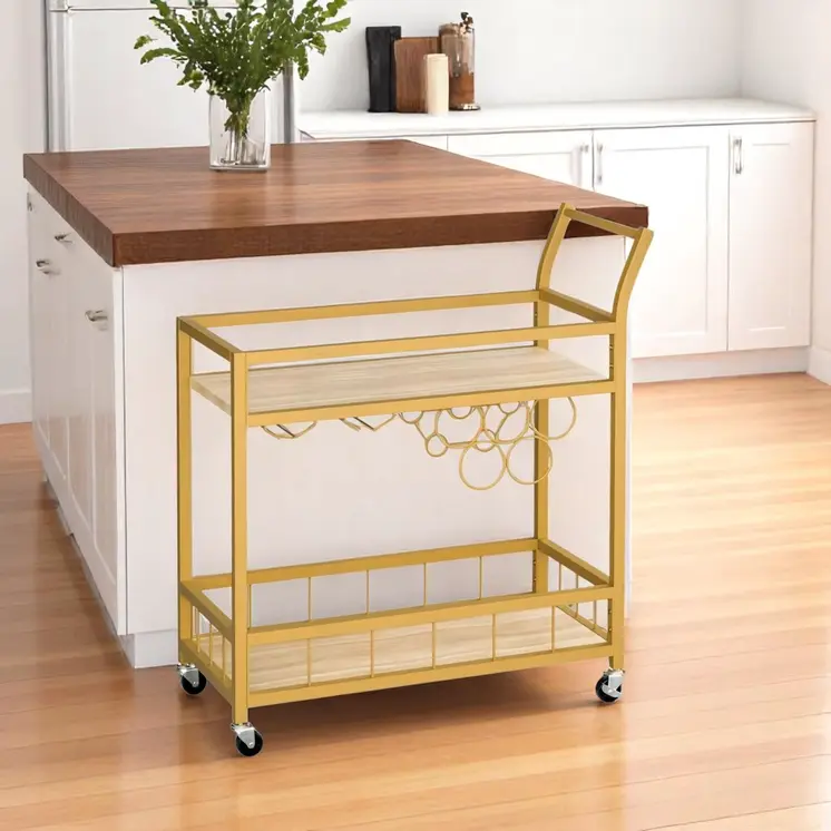 27" Gold Metal and Wood Rolling Bar Cart With Wine Storage