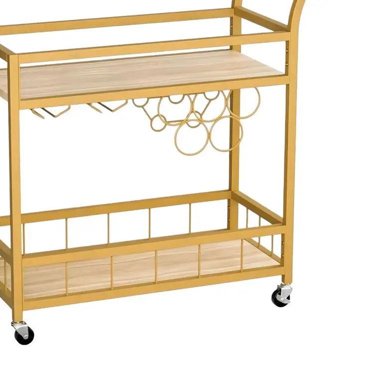 27" Gold Metal and Wood Rolling Bar Cart With Wine Storage