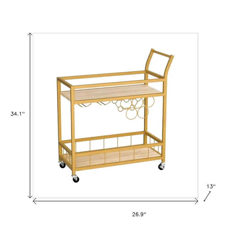 27" Gold Metal and Wood Rolling Bar Cart With Wine Storage