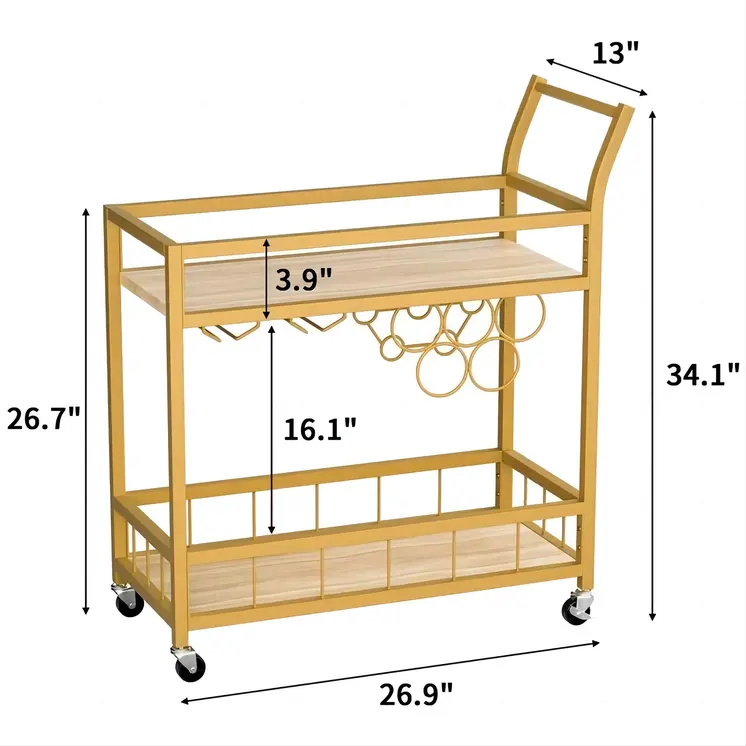 27" Gold Metal and Wood Rolling Bar Cart With Wine Storage