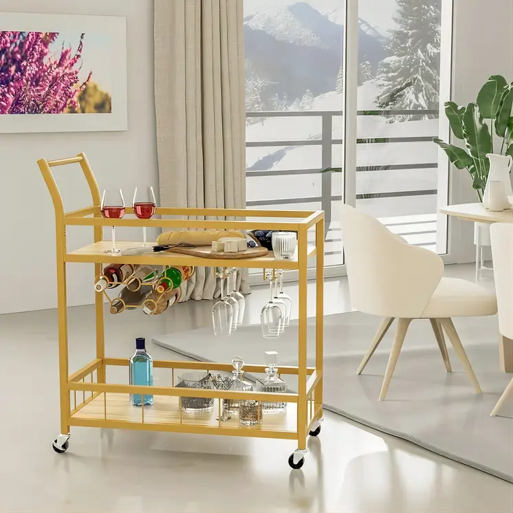 27" Gold Metal and Wood Rolling Bar Cart With Wine Storage