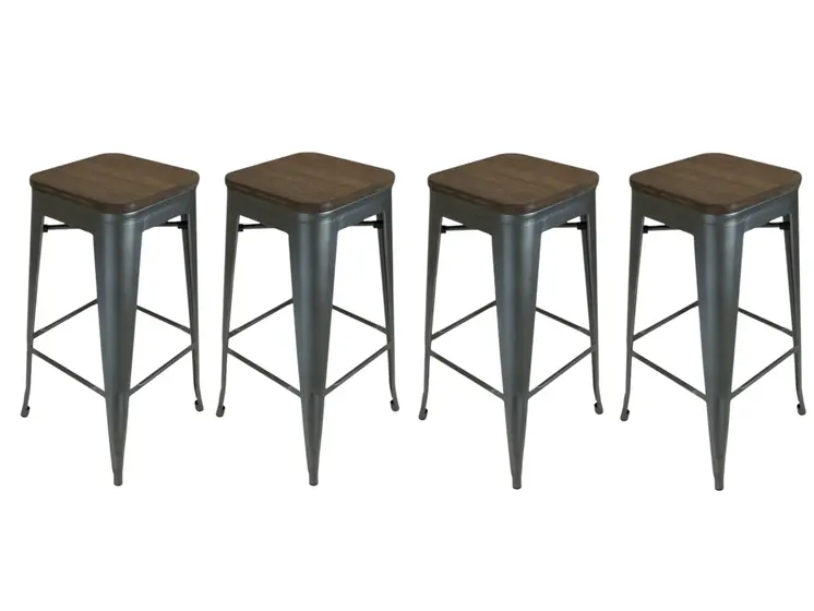 Set of Four 26" Brown and Gunmetal Solid Wood and Metal Backless Counter Height Bar Chairs