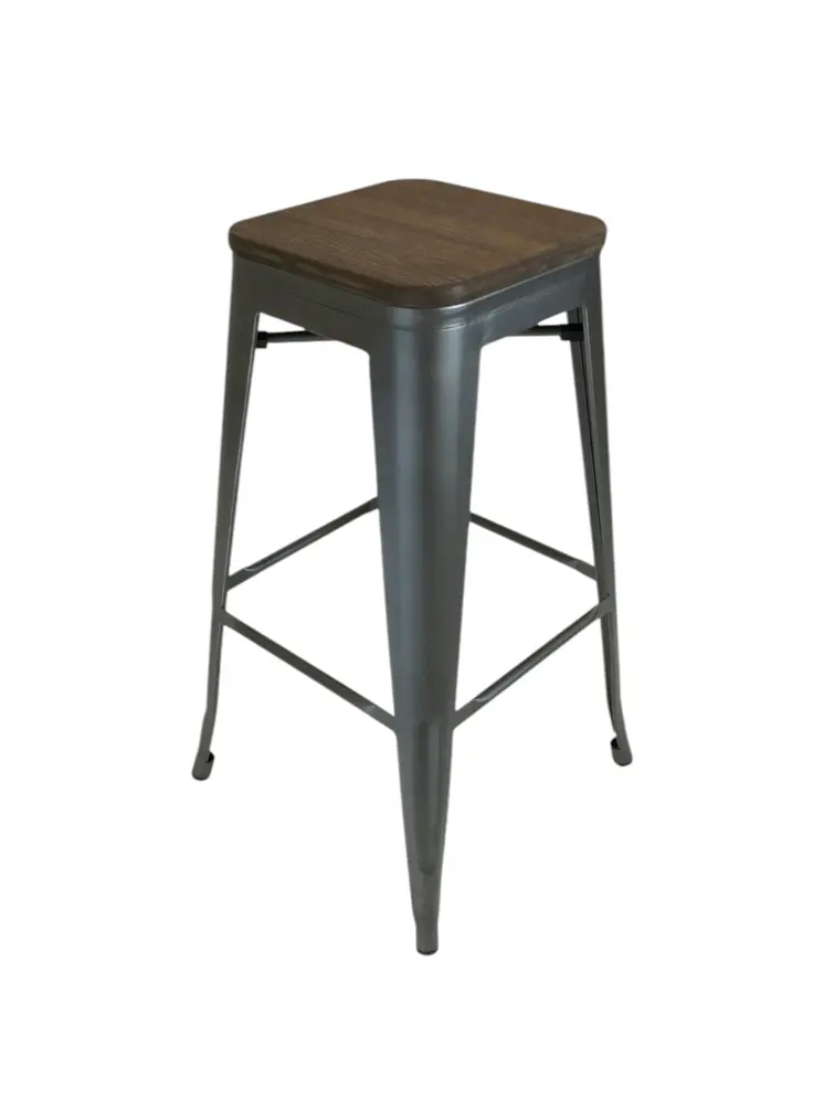 Set of Four 26" Brown and Gunmetal Solid Wood and Metal Backless Counter Height Bar Chairs