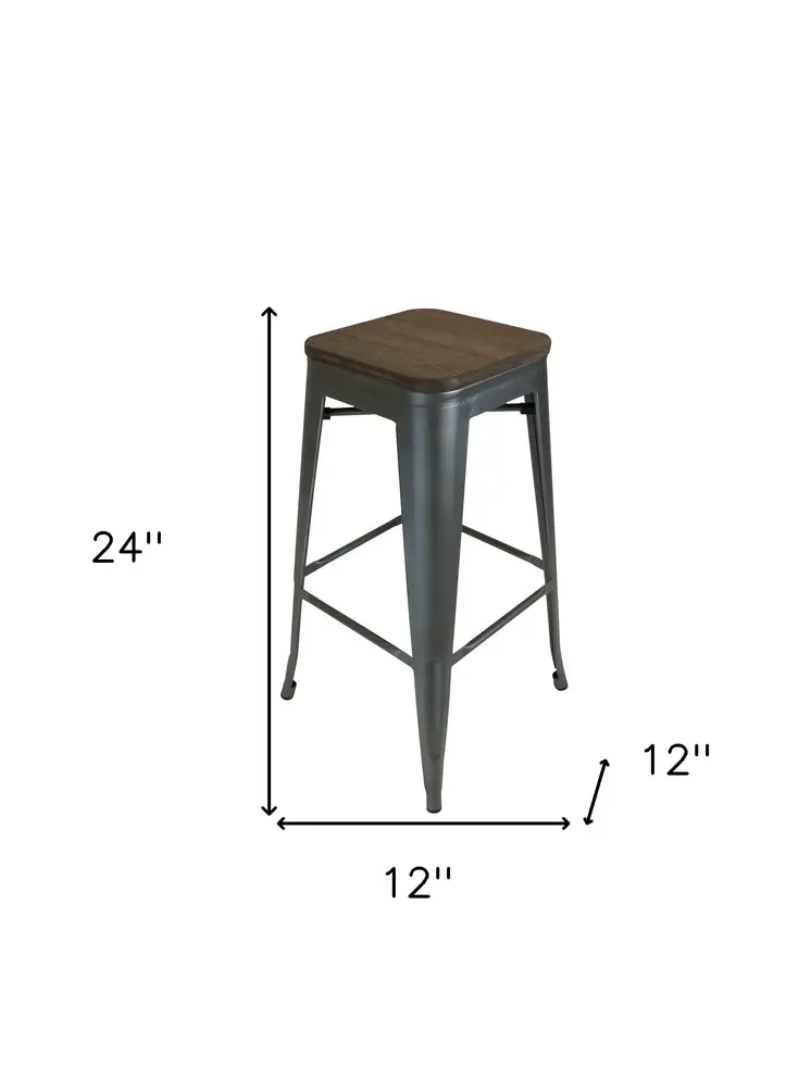 Set of Four 26" Brown and Gunmetal Solid Wood and Metal Backless Counter Height Bar Chairs