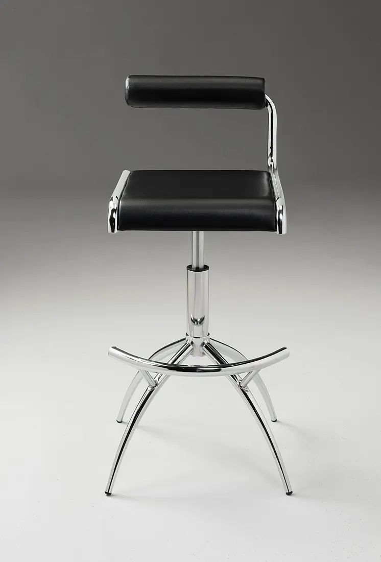 Set of Two Black and Silver Faux Leather and Metal Low Back Adjustable Height Bar Chairs