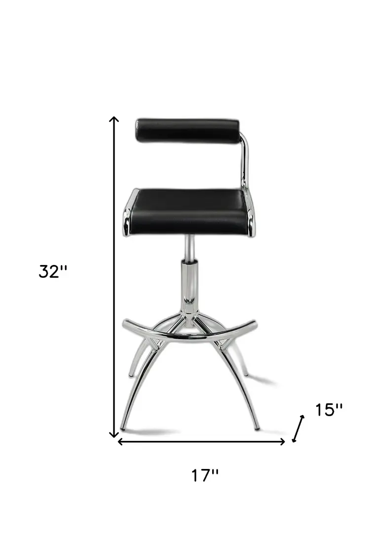 Set of Two Black and Silver Faux Leather and Metal Low Back Adjustable Height Bar Chairs