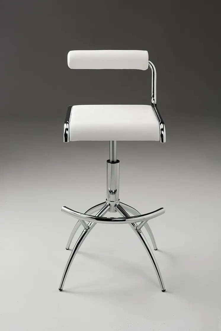 Set of Two White and Silver Metal and Faux Leather Low Back Adjustable Height Bar Chairs