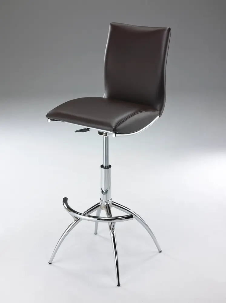 Set of Two Brown and Silver Metal and Faux Leather Low Back Adjustable Height Bar Chairs