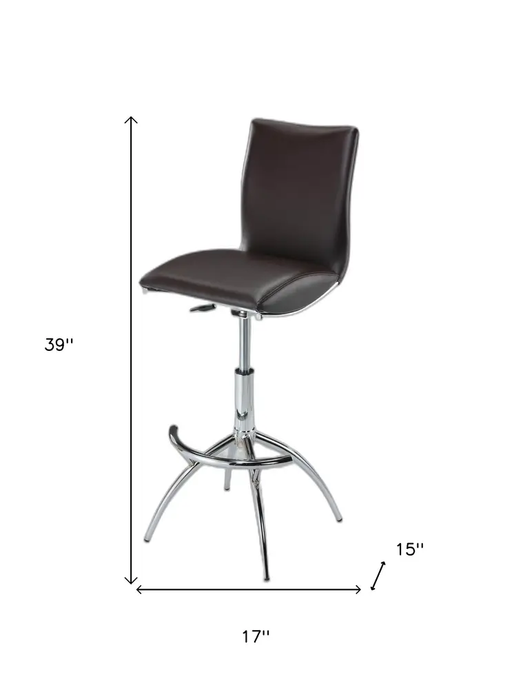 Set of Two Brown and Silver Metal and Faux Leather Low Back Adjustable Height Bar Chairs