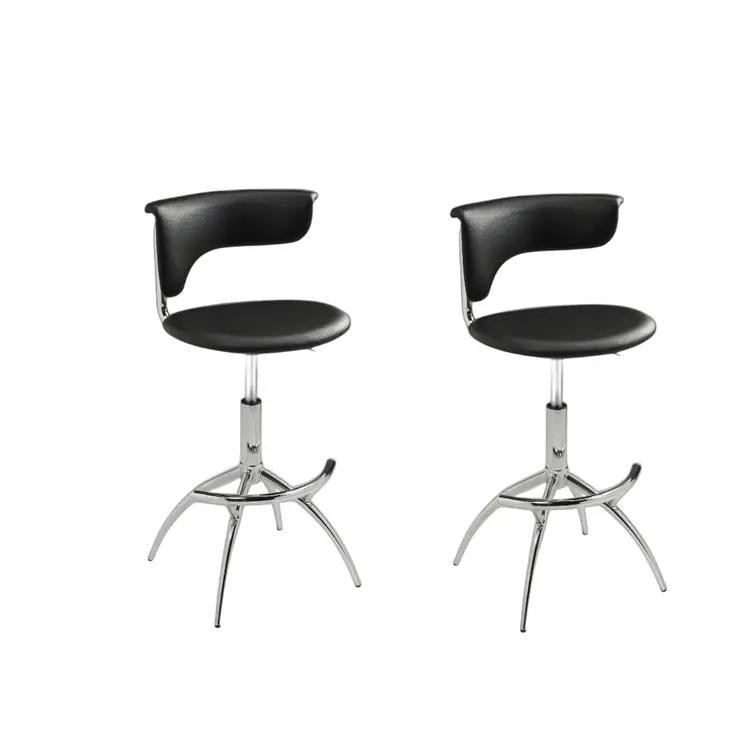 Set of Two Black and Silver Metal and Faux Leather Low Back Adjustable Height Bar Chairs