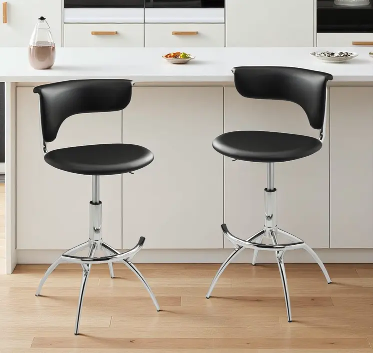 Set of Two Black and Silver Metal and Faux Leather Low Back Adjustable Height Bar Chairs