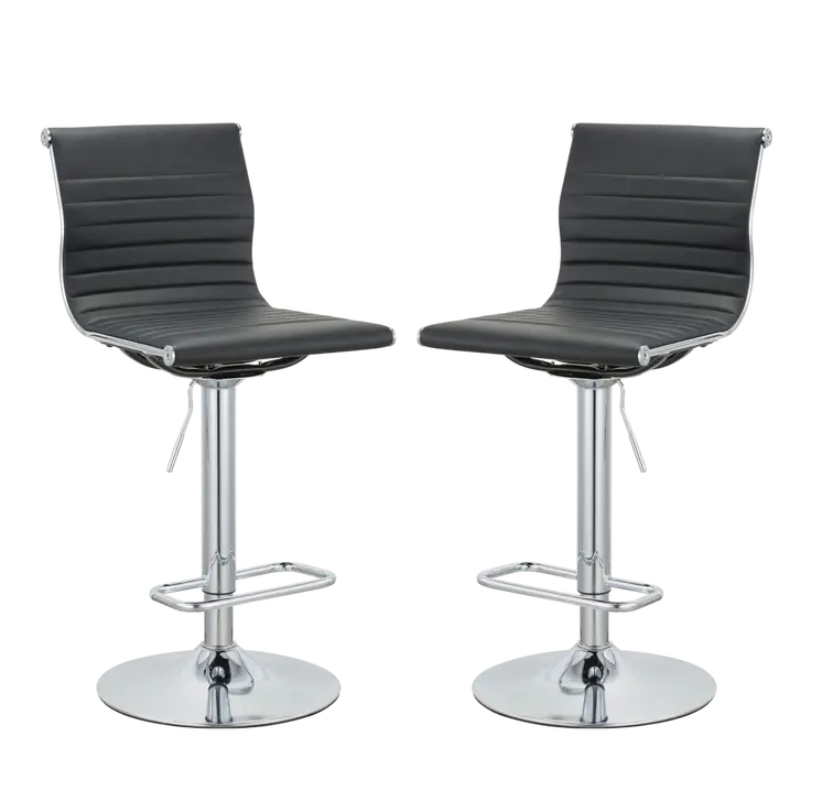 Set of Two Black and Silver Faux Leather and Metal Low Back Adjustable Height Bar Chairs