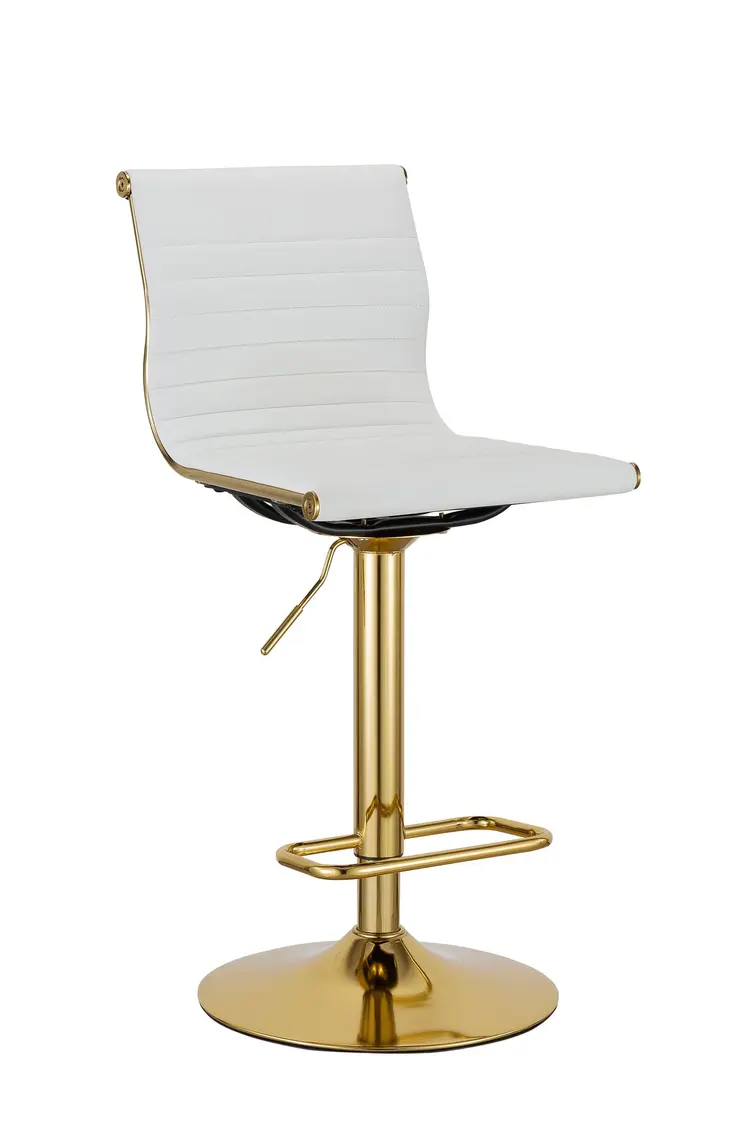 Set of Two White and Gold Faux Leather and Metal Low Back Adjustable Height Bar Chairs