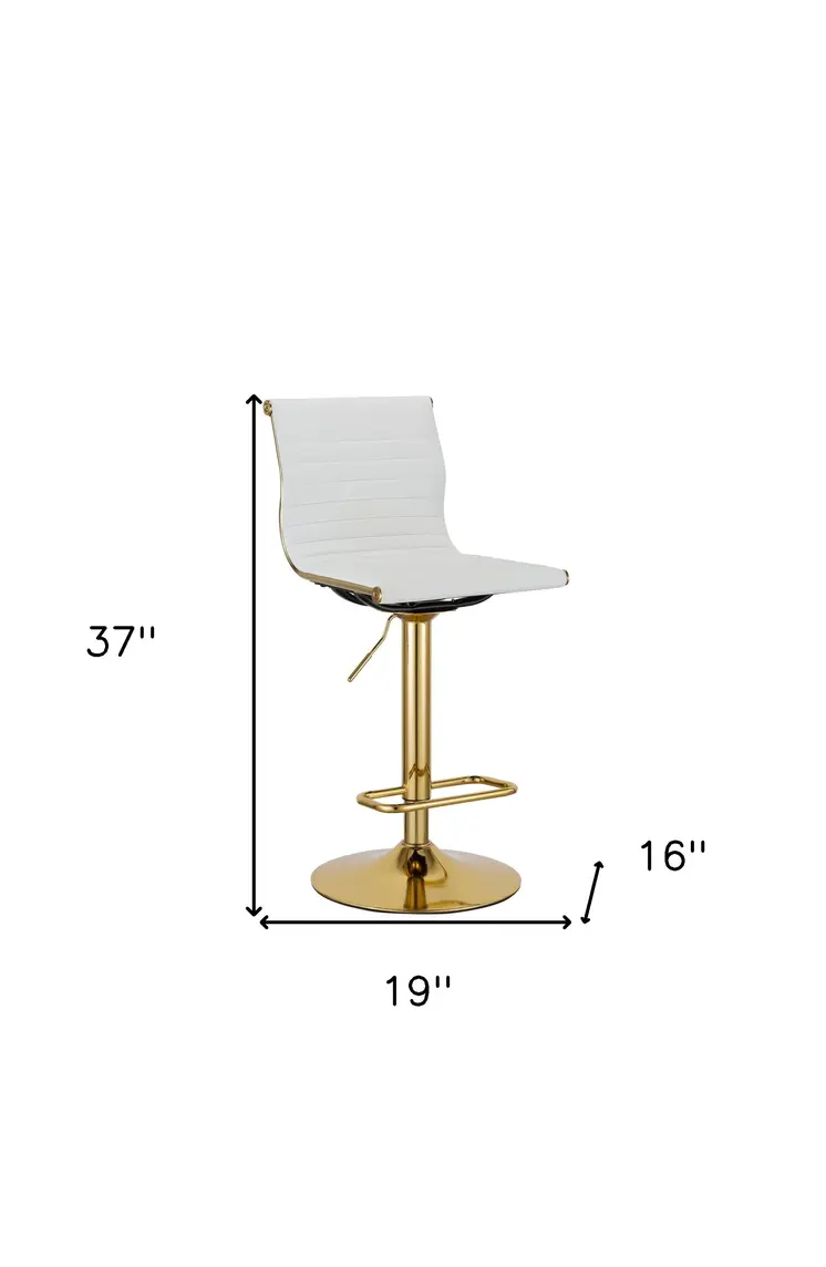 Set of Two White and Gold Faux Leather and Metal Low Back Adjustable Height Bar Chairs
