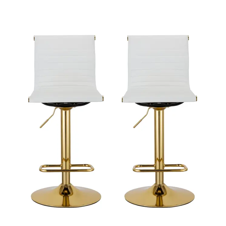 Set of Two White and Gold Faux Leather and Metal Low Back Adjustable Height Bar Chairs