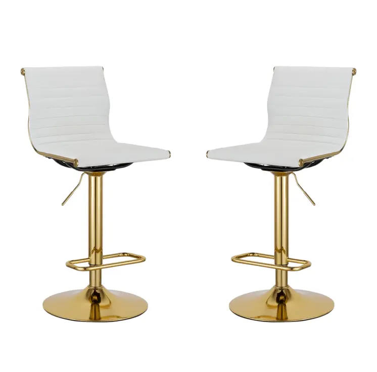 Set of Two White and Gold Faux Leather and Metal Low Back Adjustable Height Bar Chairs