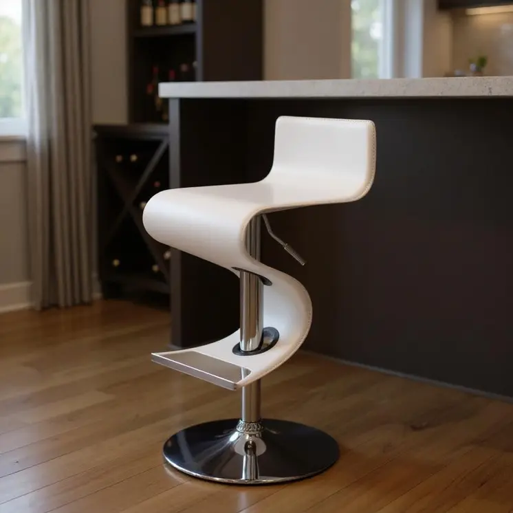 White and Silver Faux Leather and Metal Low Back Adjustable Height Bar Chair