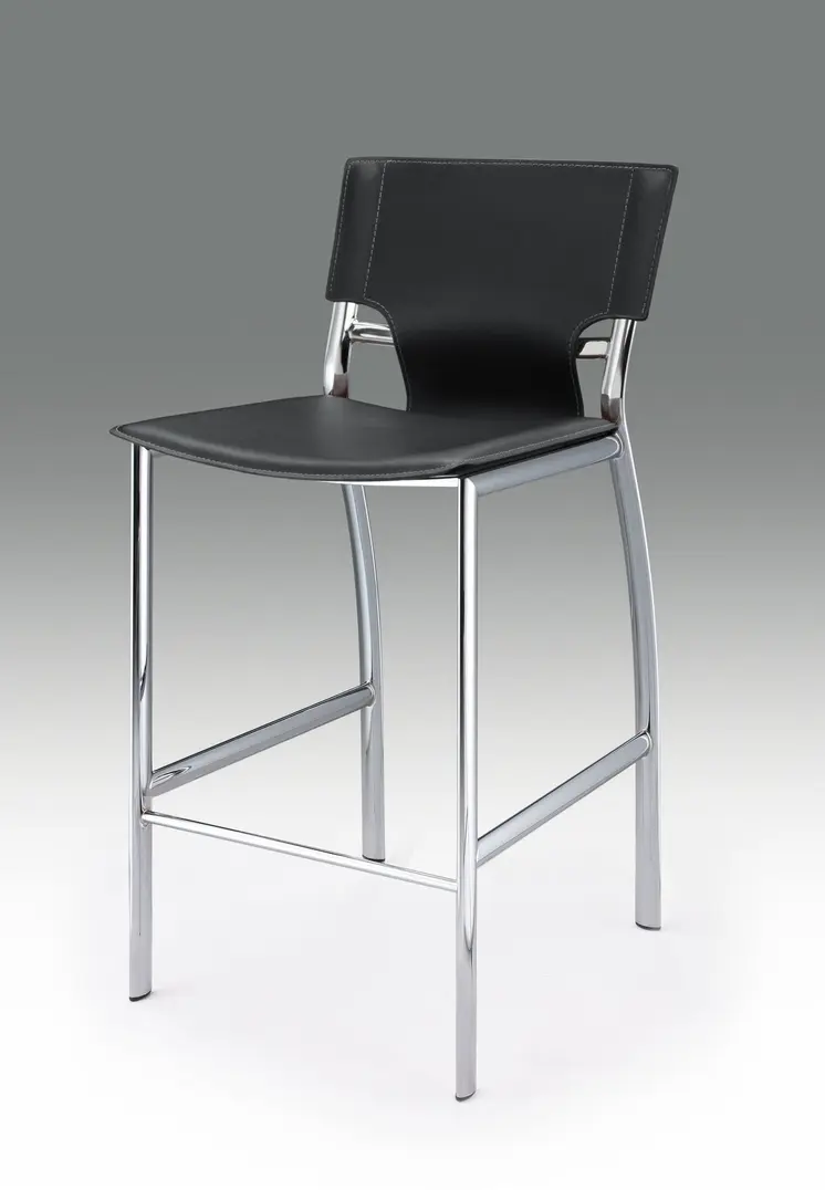 Set of Two 25" Black and Silver Faux Leather and Metal Low Back Counter Height Bar Chairs